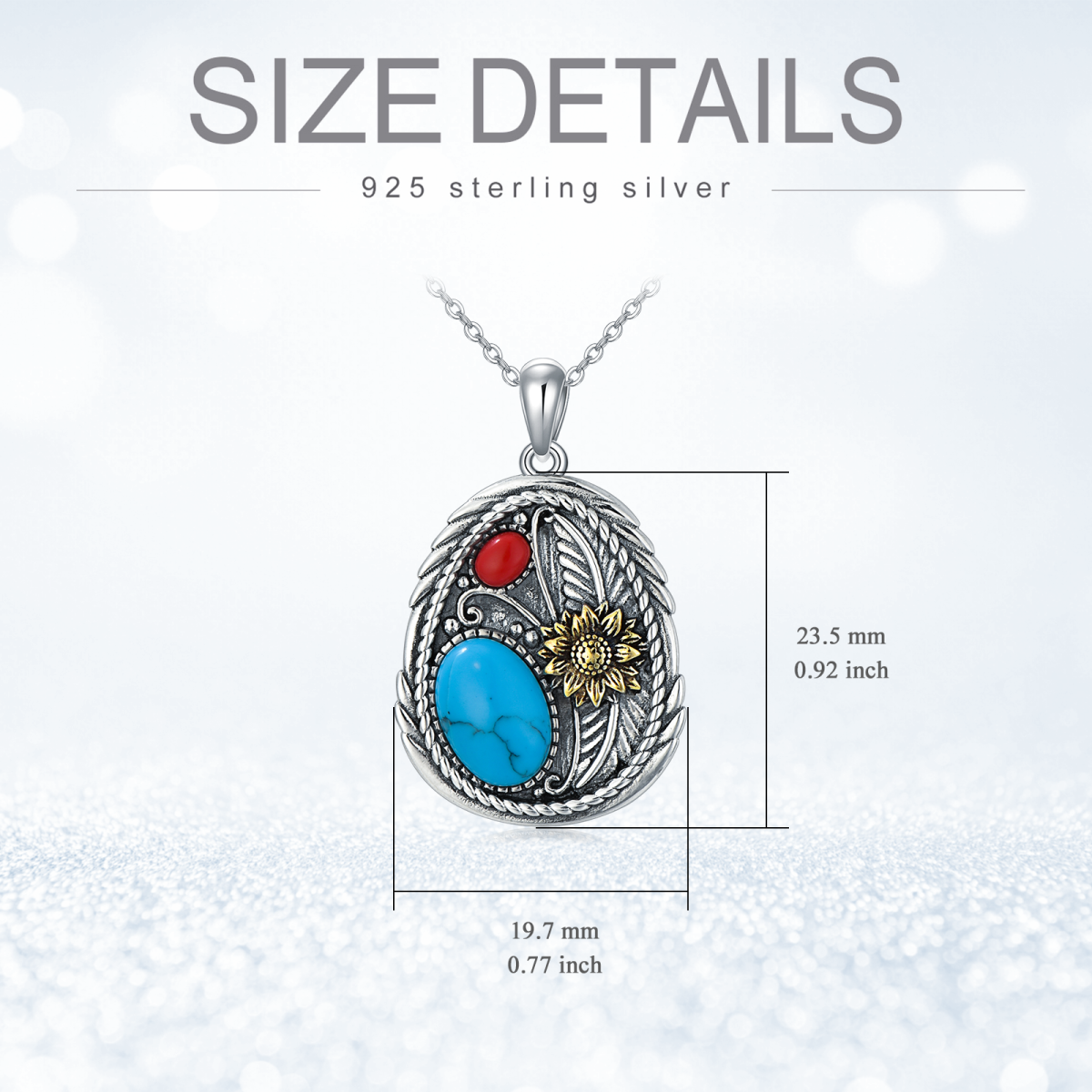 Sterling Silver Oval Shaped Turquoise Sunflower Pendant Necklace-5