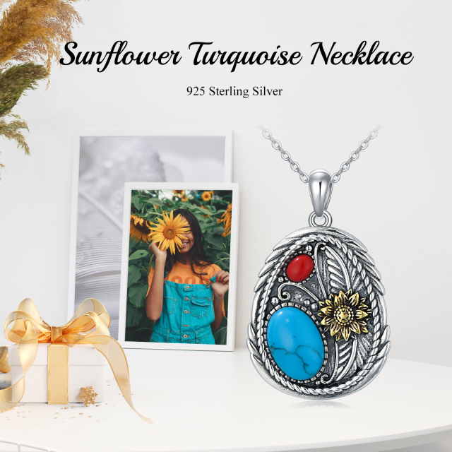 Sterling Silver Oval Shaped Turquoise Sunflower Pendant Necklace-6