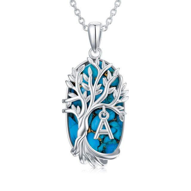 Sterling Silver Oval Shaped Turquoise Tree Of Life Pendant Necklace with Initial Letter A-3