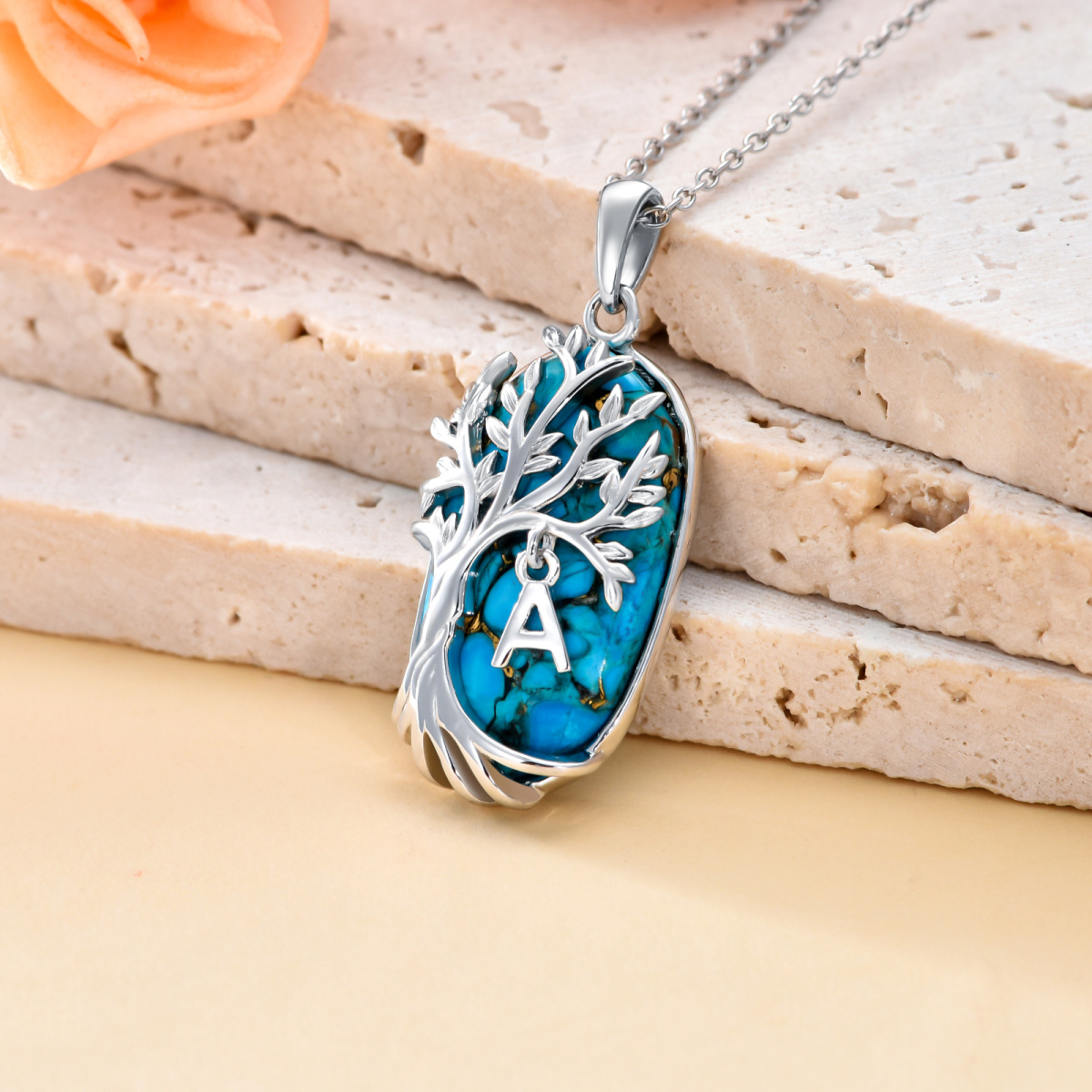 Collier en argent sterling avec pendentif Turquoise ovale arbre de vie et lettre initiale-3