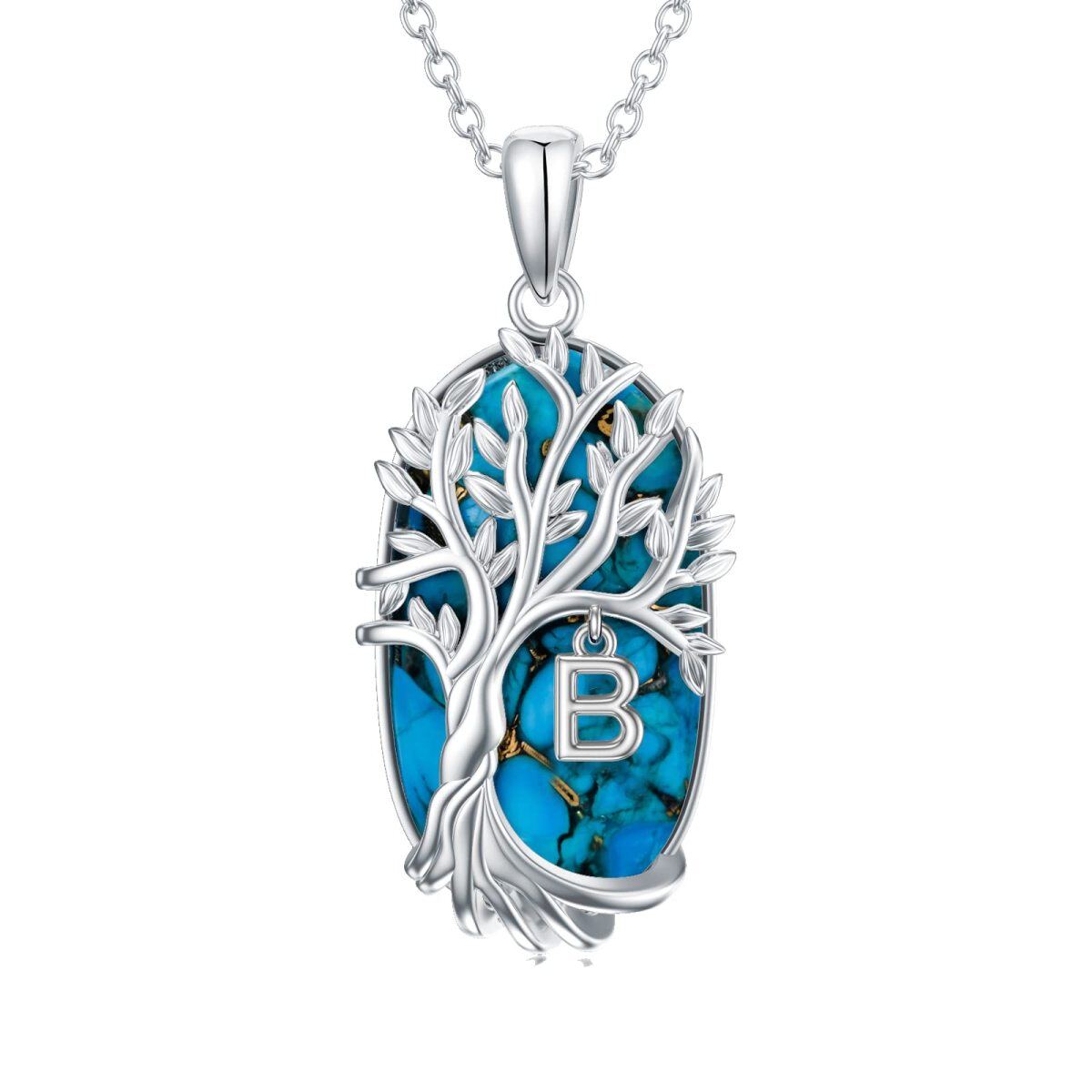 Sterling Silver Oval Shaped Turquoise Tree Of Life Pendant Necklace with Initial Letter B-1