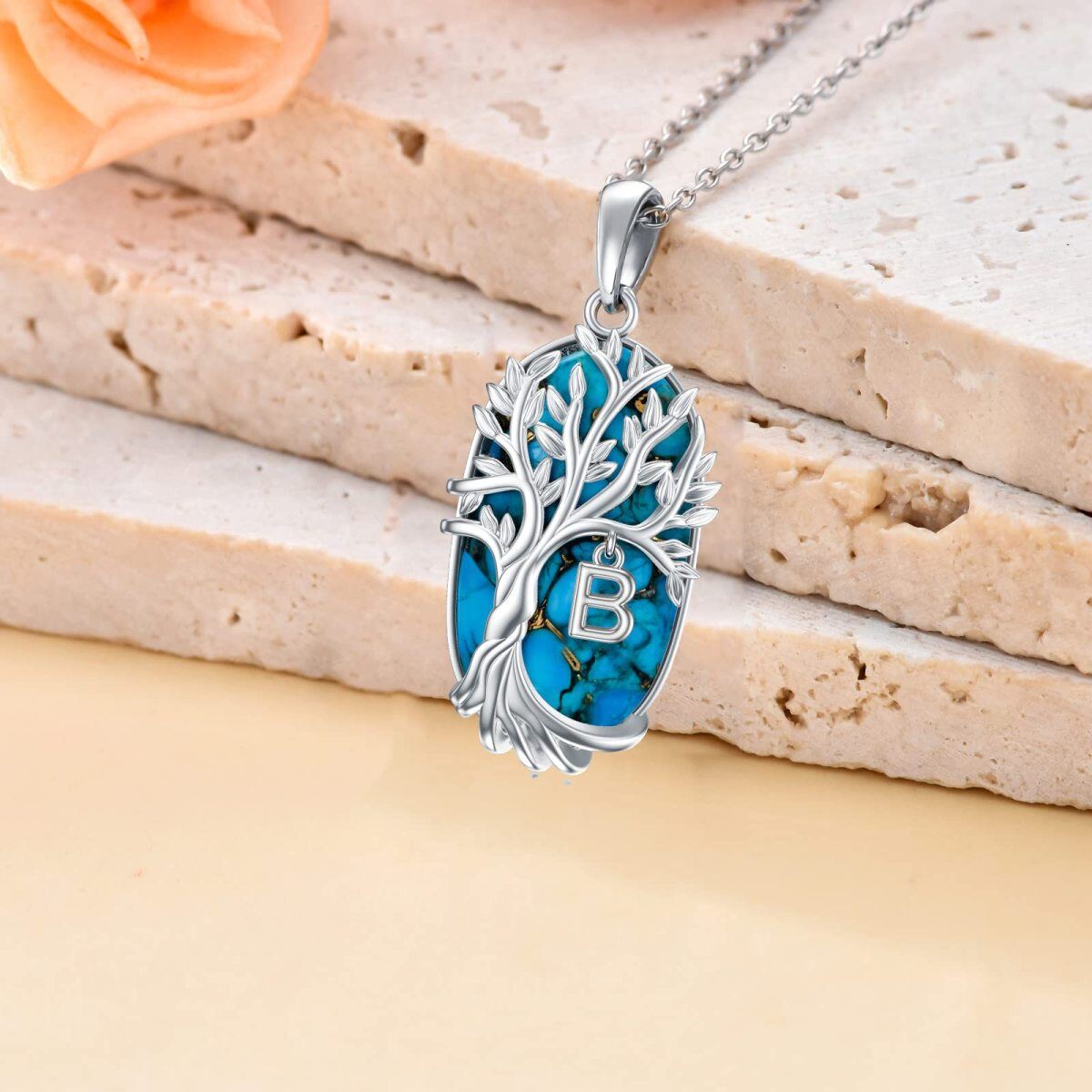 Sterling Silver Oval Shaped Turquoise Tree Of Life Pendant Necklace with Initial Letter B-3