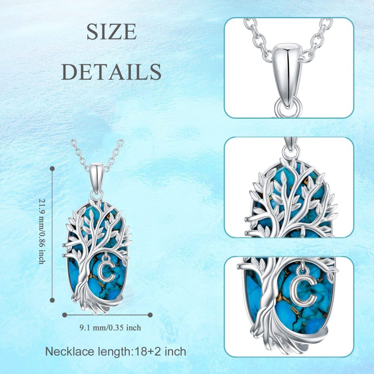 Collier en argent sterling avec pendentif Turquoise ovale arbre de vie et lettre initiale-4