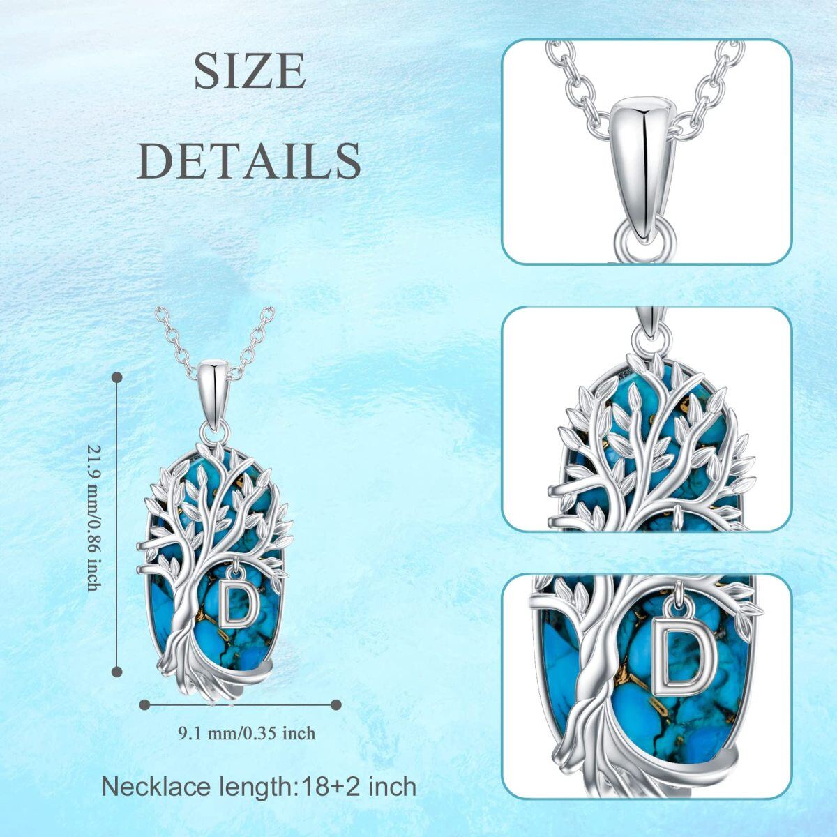 Sterling Silver Oval Shaped Turquoise Tree Of Life Pendant Necklace with Initial Letter D-4