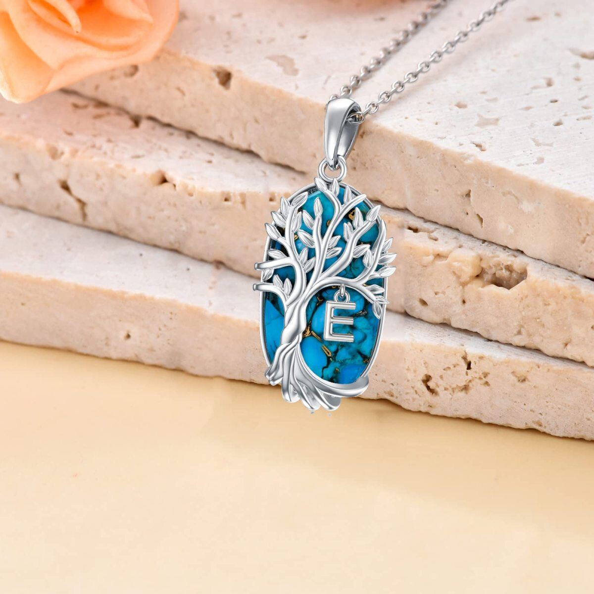 Sterling Silver Oval Shaped Turquoise Tree Of Life Pendant Necklace with Initial Letter E-3