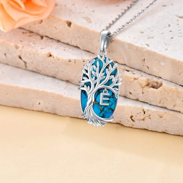 Sterling Silver Oval Shaped Turquoise Tree Of Life Pendant Necklace with Initial Letter E-3