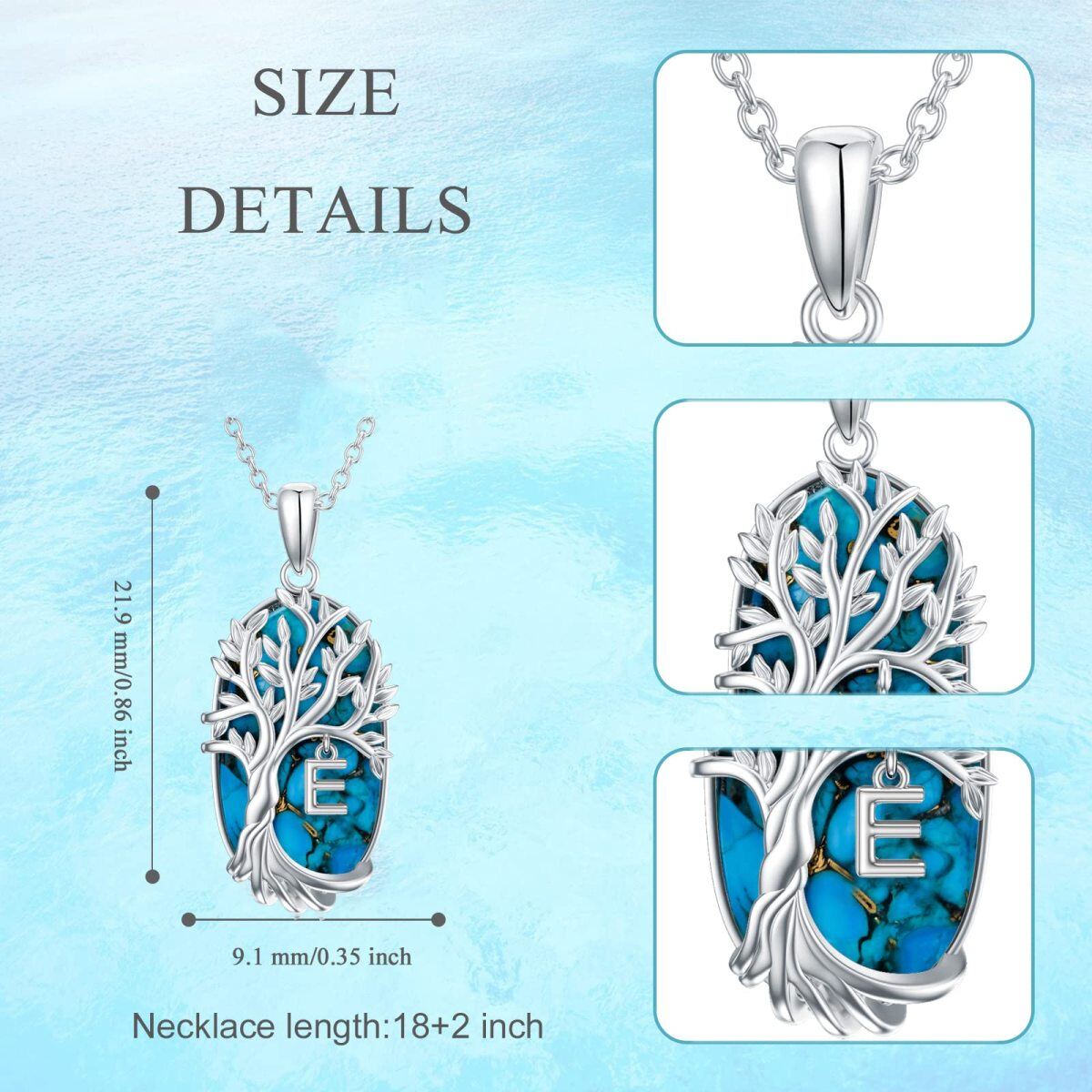 Sterling Silver Oval Shaped Turquoise Tree Of Life Pendant Necklace with Initial Letter E-5