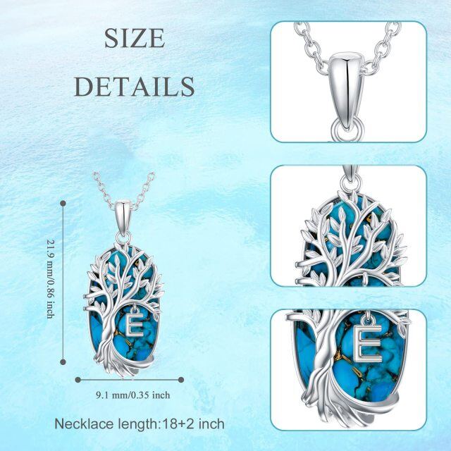 Sterling Silver Oval Shaped Turquoise Tree Of Life Pendant Necklace with Initial Letter E-5