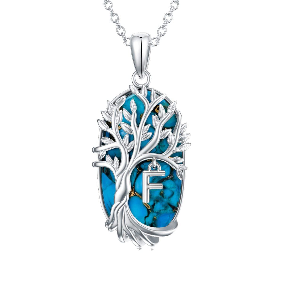 Sterling Silver Oval Shaped Turquoise Tree Of Life Pendant Necklace with Initial Letter F-1