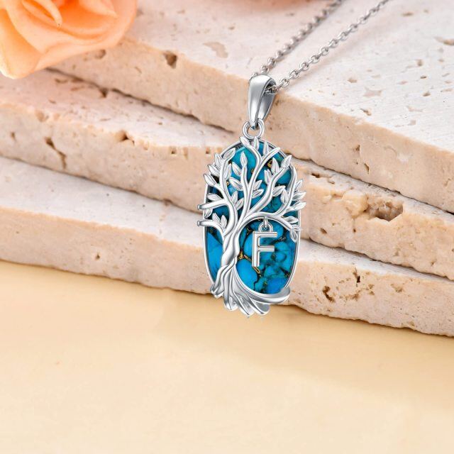 Sterling Silver Oval Shaped Turquoise Tree Of Life Pendant Necklace with Initial Letter F-3