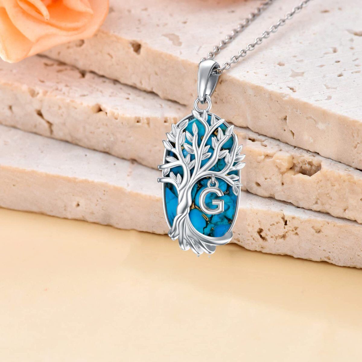 Collier en argent sterling avec pendentif arbre de vie en turquoise ovale et lettre initia-3