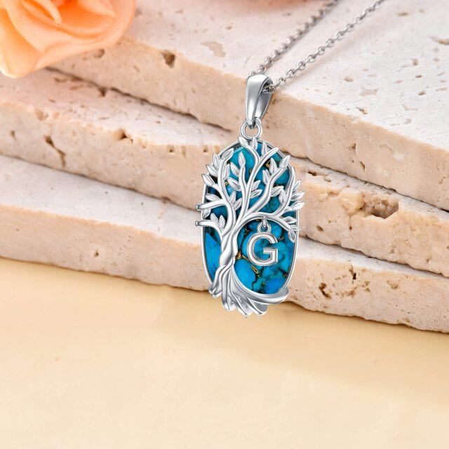 Sterling Silver Oval Shaped Turquoise Tree Of Life Pendant Necklace with Initial Letter G-3