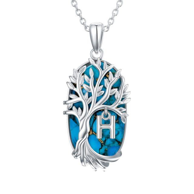 Sterling Silver Oval Shaped Turquoise Tree Of Life Pendant Necklace with Initial Letter H-1