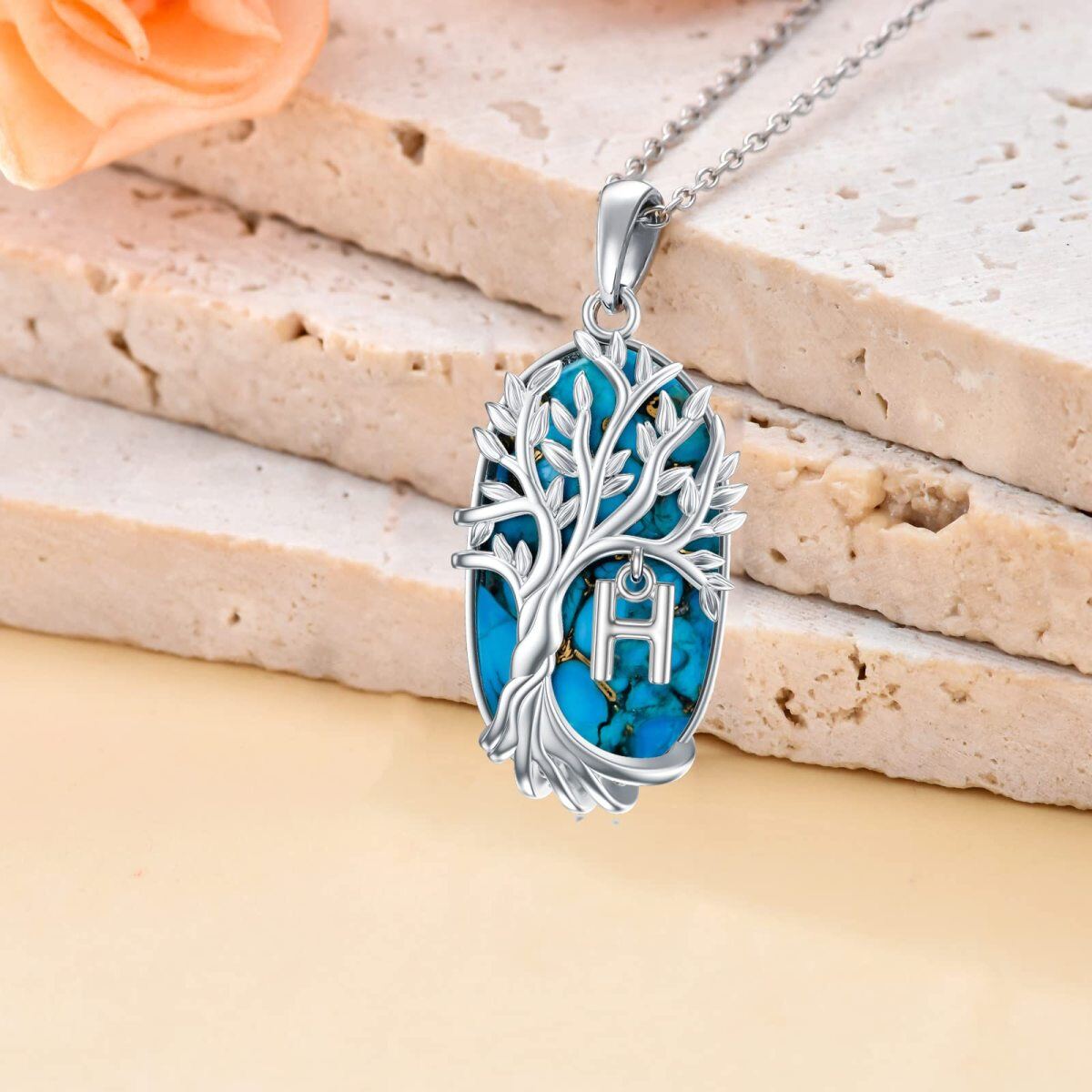 Sterling Silver Oval Shaped Turquoise Tree Of Life Pendant Necklace with Initial Letter H-3