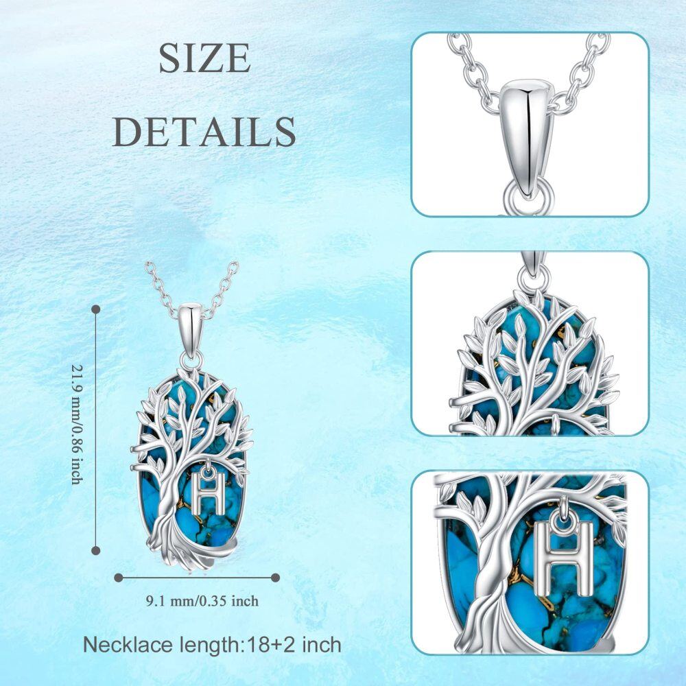Sterling Silver Oval Shaped Turquoise Tree Of Life Pendant Necklace with Initial Letter H-5