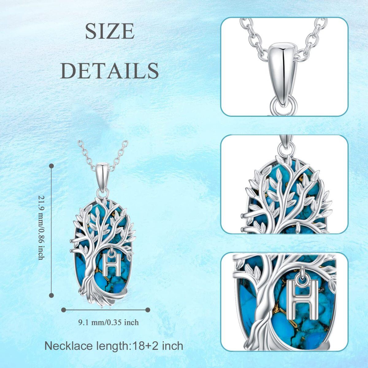 Sterling Silver Oval Shaped Turquoise Tree Of Life Pendant Necklace with Initial Letter H-5