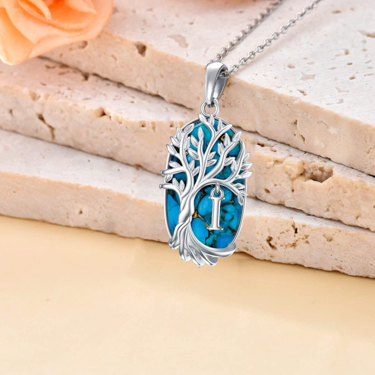 Sterling Silver Oval Shaped Turquoise Tree Of Life Pendant Necklace with Initial Letter I-3