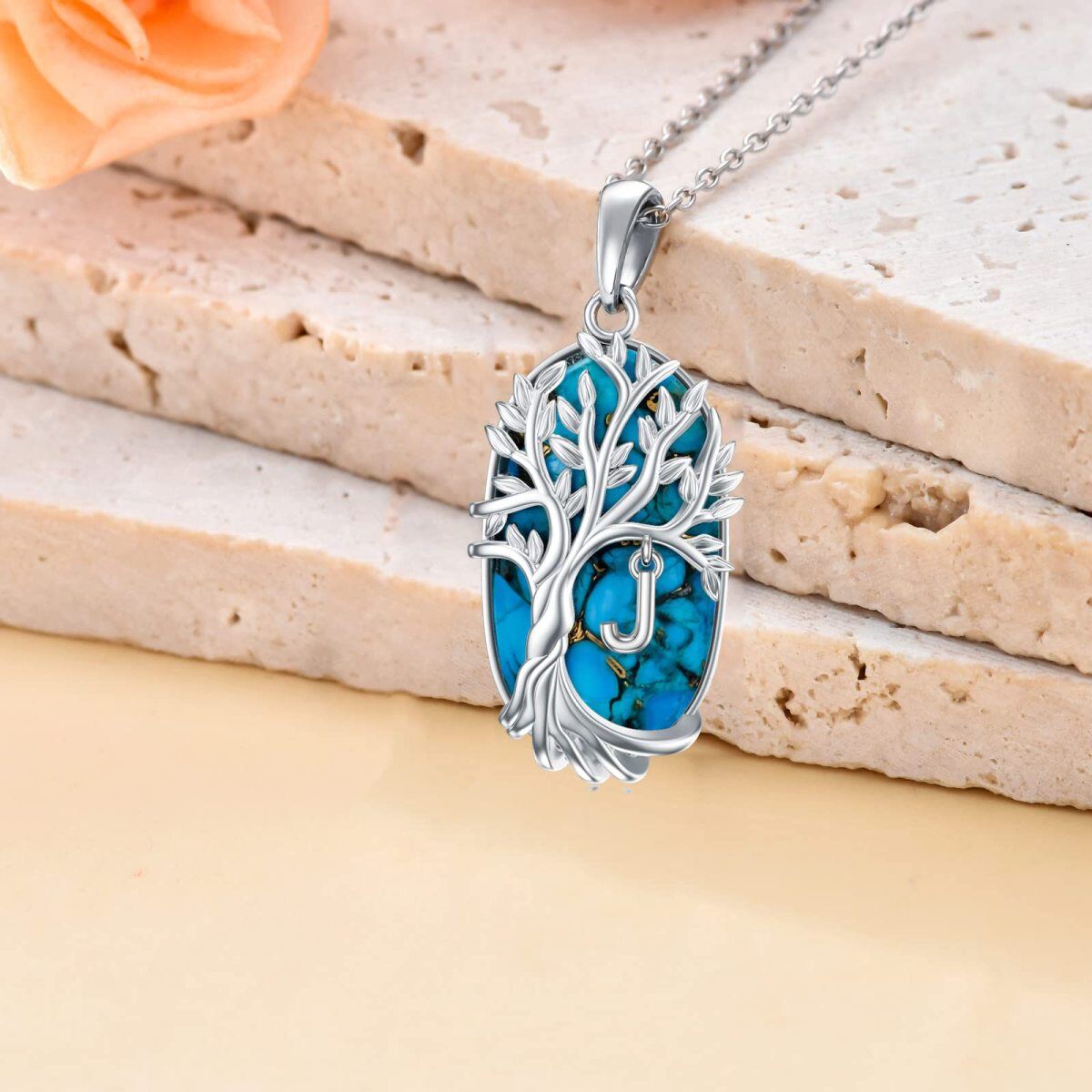 Collier en argent sterling avec pendentif Turquoise ovale en forme d'arbre de vie et lettr-3