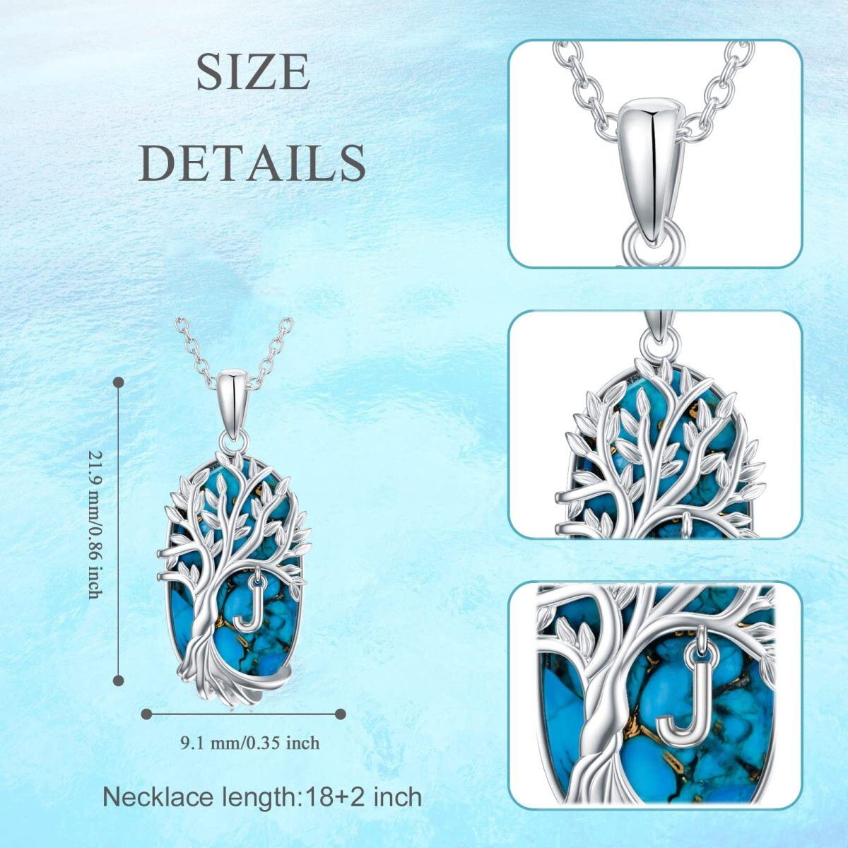 Sterling Silver Oval Shaped Turquoise Tree Of Life Pendant Necklace with Initial Letter J-5