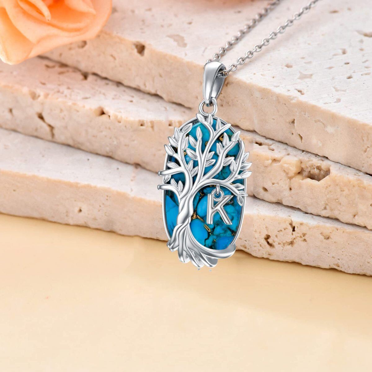 Collier en argent sterling avec pendentif Turquoise ovale arbre de vie et lettre initiale-3