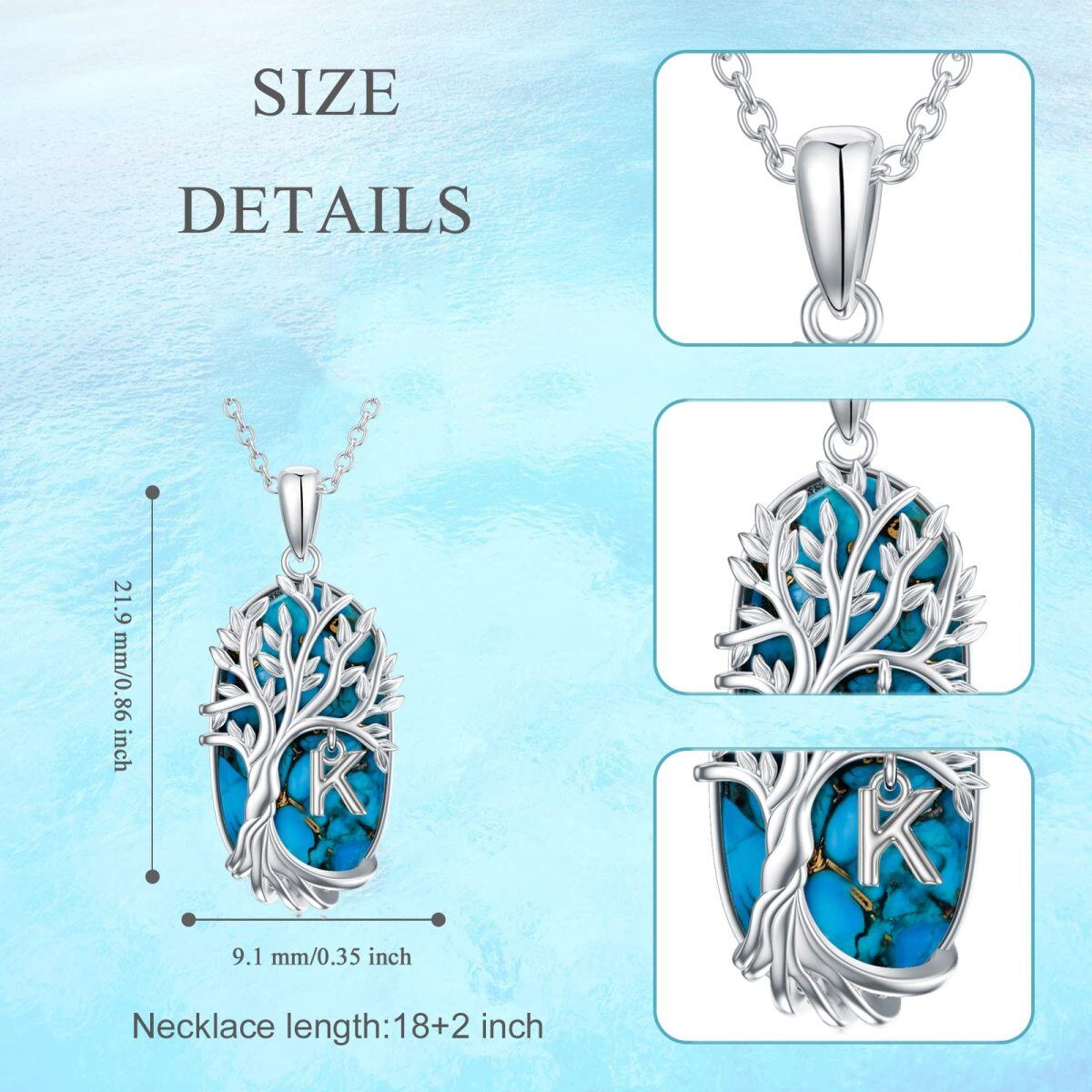 Sterling Silver Oval Shaped Turquoise Tree Of Life Pendant Necklace with Initial Letter K-5