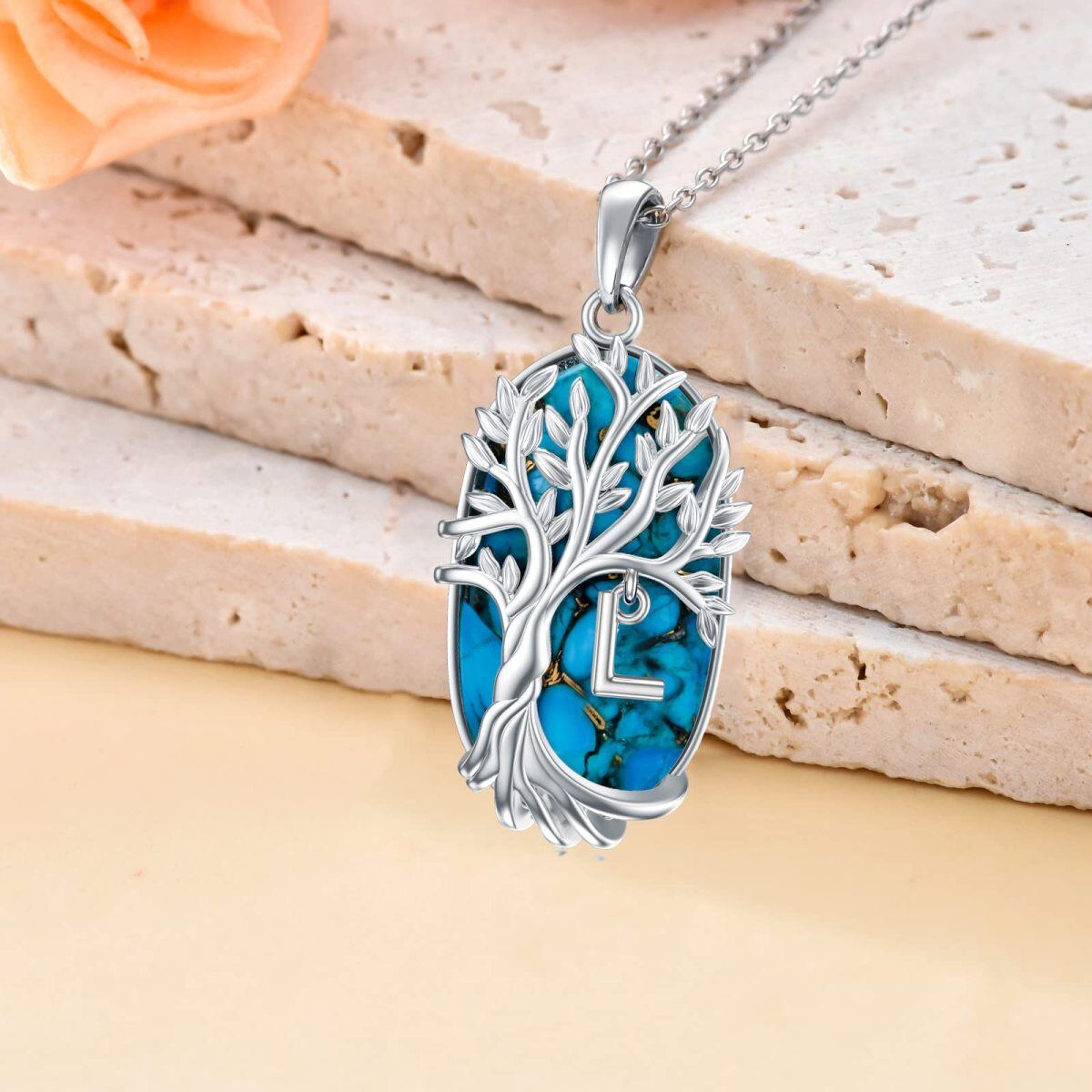 Sterling Silver Oval Shaped Turquoise Tree Of Life Pendant Necklace with Initial Letter L-3