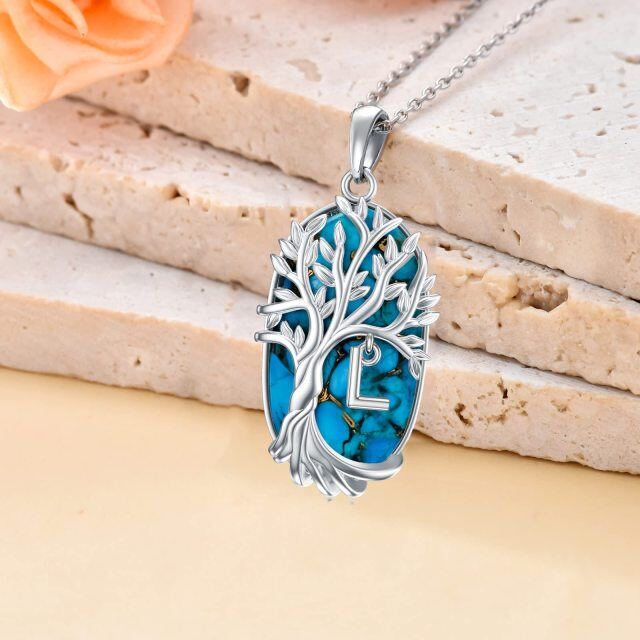 Collier en argent sterling avec pendentif Turquoise ovale arbre de vie et lettre initiale-3