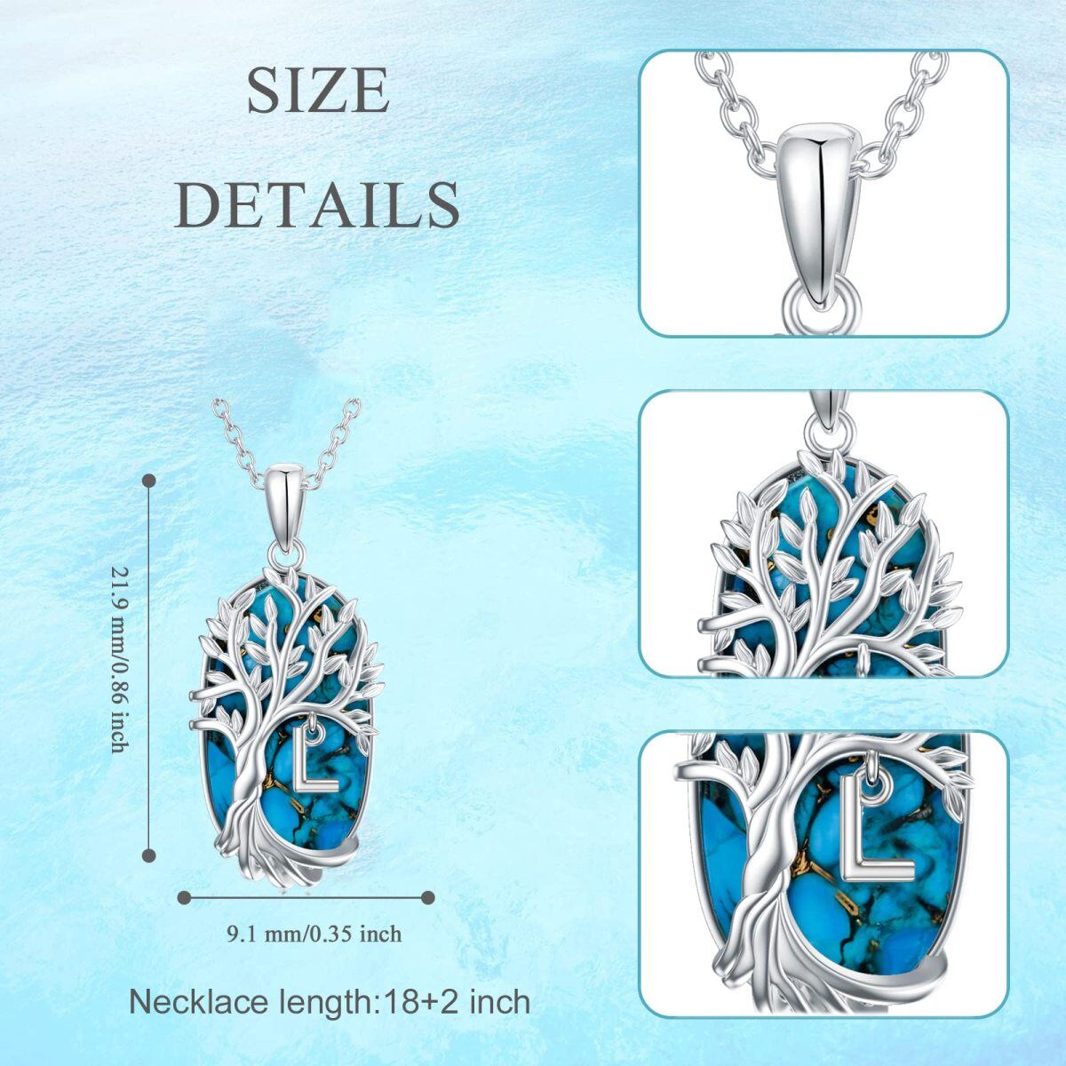 Collier en argent sterling avec pendentif Turquoise ovale arbre de vie et lettre initiale-5