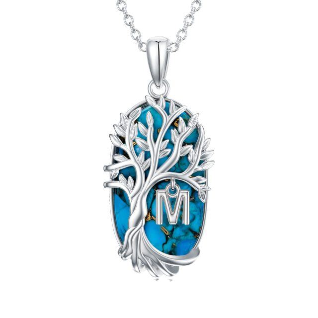 Sterling Silver Oval Shaped Turquoise Tree Of Life Pendant Necklace with Initial Letter M-1