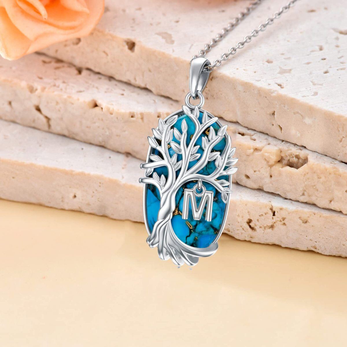 Sterling Silver Oval Shaped Turquoise Tree Of Life Pendant Necklace with Initial Letter M-3