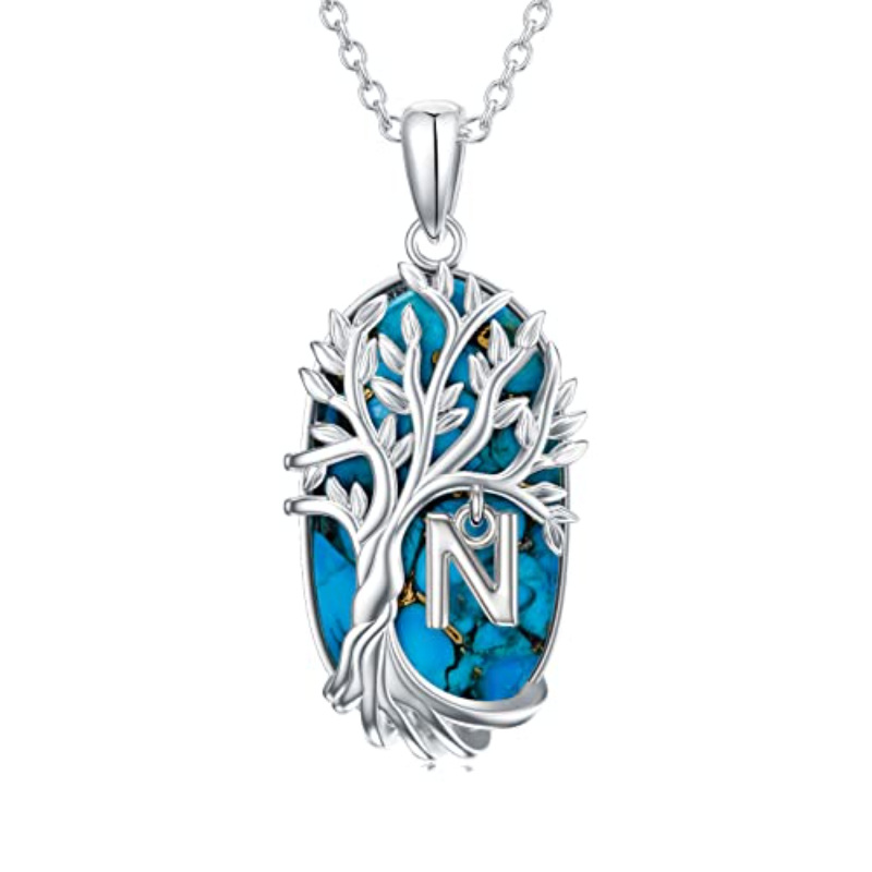 Sterling Silver Oval Shaped Turquoise Tree Of Life Pendant Necklace with Initial Letter N-1