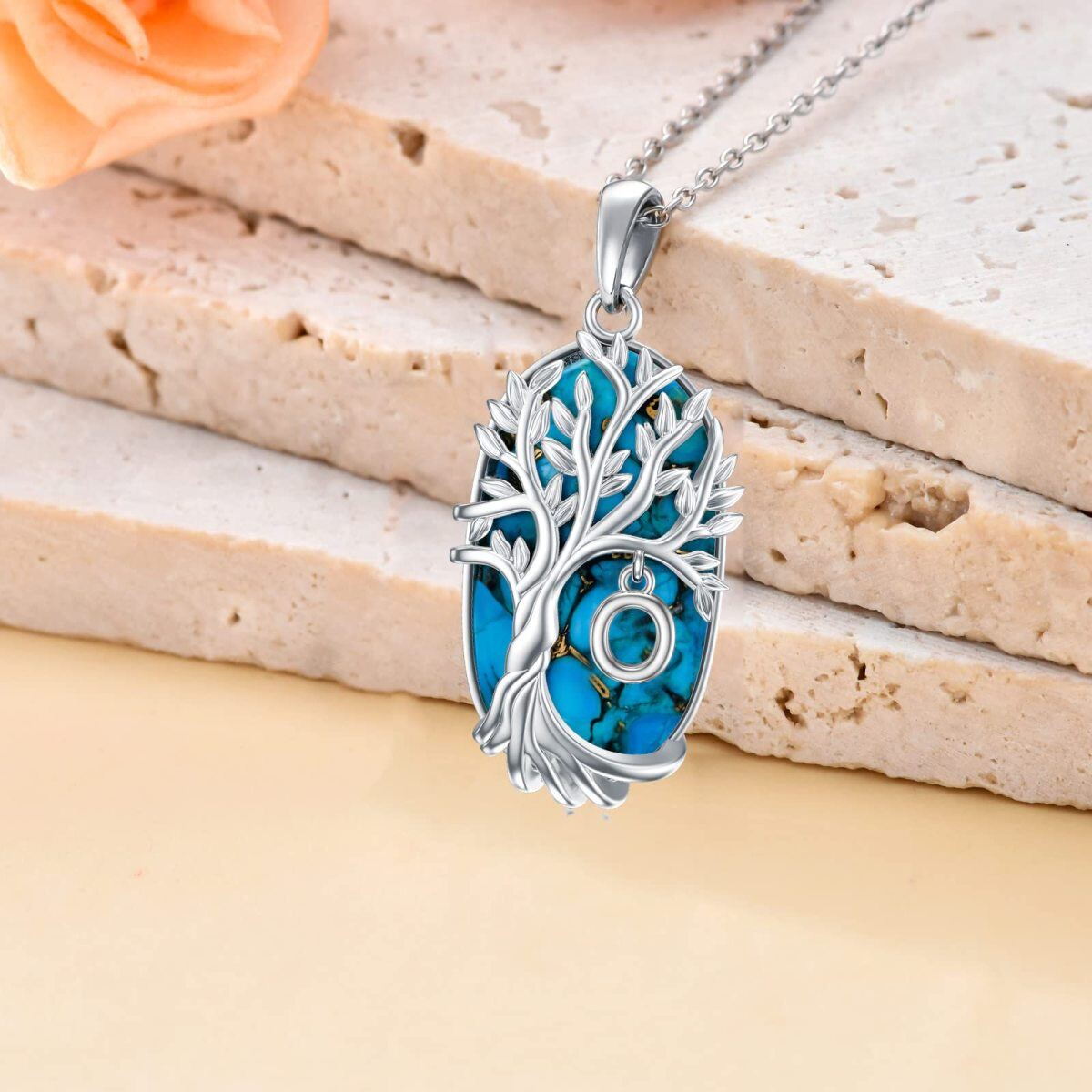 Sterling Silver Oval Shaped Turquoise Tree Of Life Pendant Necklace with Initial Letter O-3