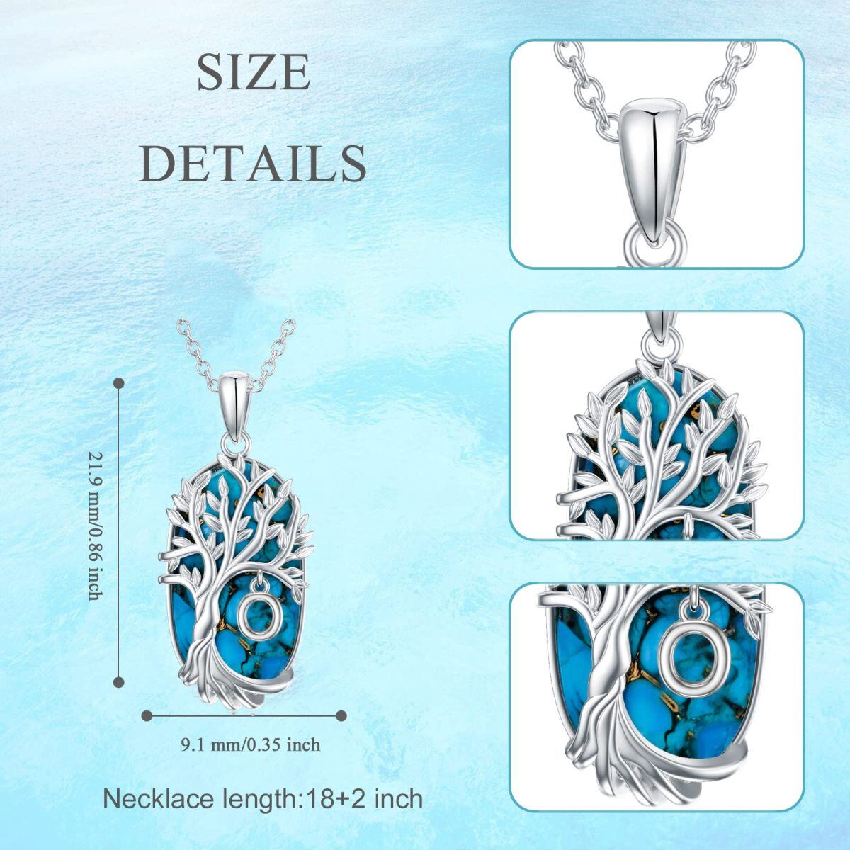 Collier en argent sterling avec pendentif Turquoise ovale arbre de vie et lettre initiale-5