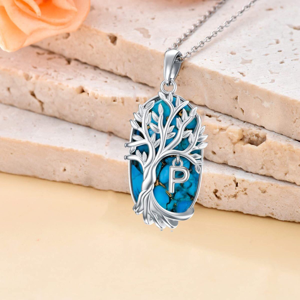 Sterling Silver Oval Shaped Turquoise Tree Of Life Pendant Necklace with Initial Letter P-3