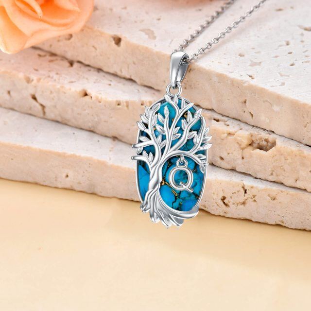 Sterling zilveren ovale turquoise levensboom hanger ketting met initiaal letter Q-3