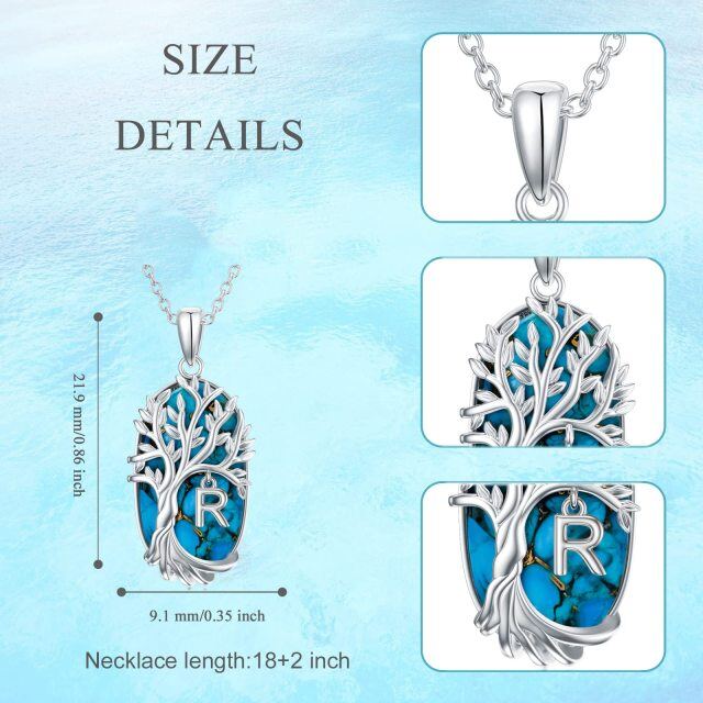 Sterling Silver Oval Shaped Turquoise Tree Of Life Pendant Necklace with Initial Letter R-5