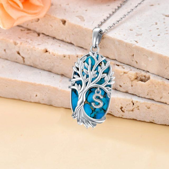 Sterling Silver Oval Shaped Turquoise Tree Of Life Pendant Necklace with Initial Letter S-3