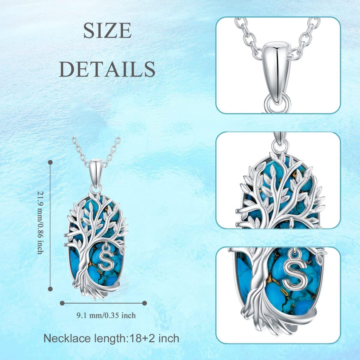 Sterling Silver Oval Shaped Turquoise Tree Of Life Pendant Necklace with Initial Letter S-5