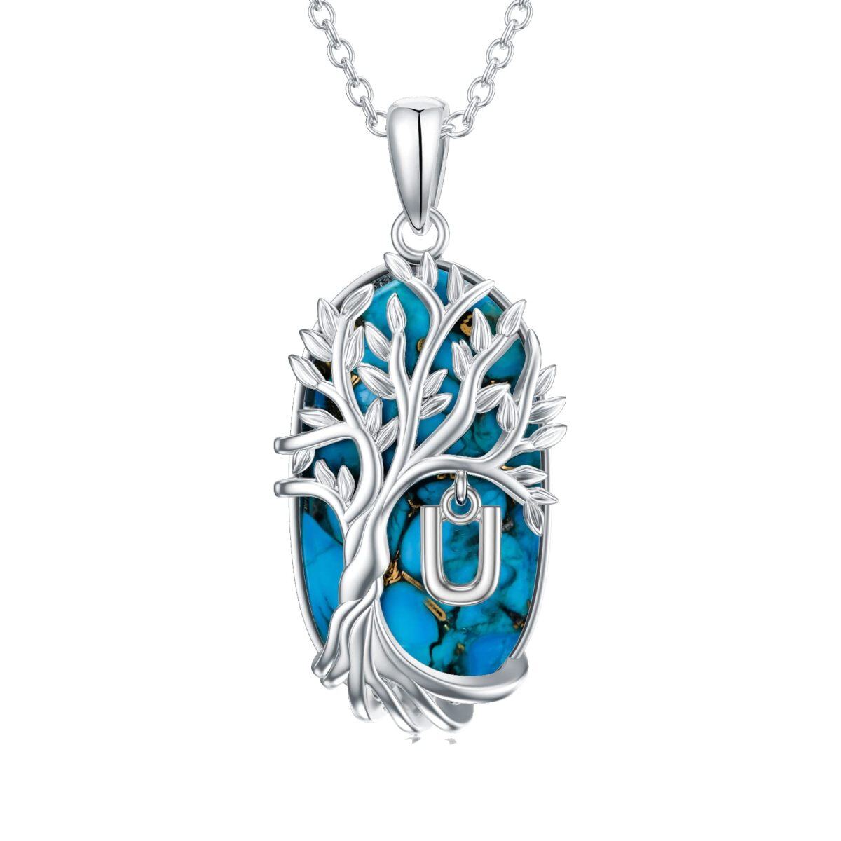 Sterling Silver Oval Shaped Turquoise Tree Of Life Pendant Necklace with Initial Letter U-1