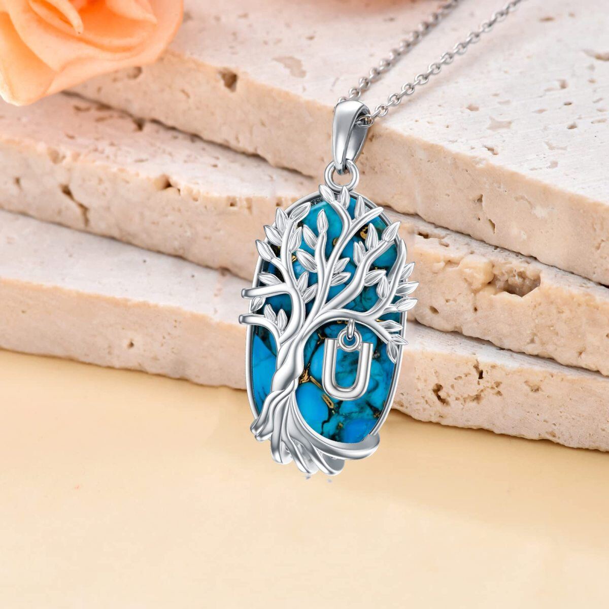 Sterling Silver Oval Shaped Turquoise Tree Of Life Pendant Necklace with Initial Letter U-3