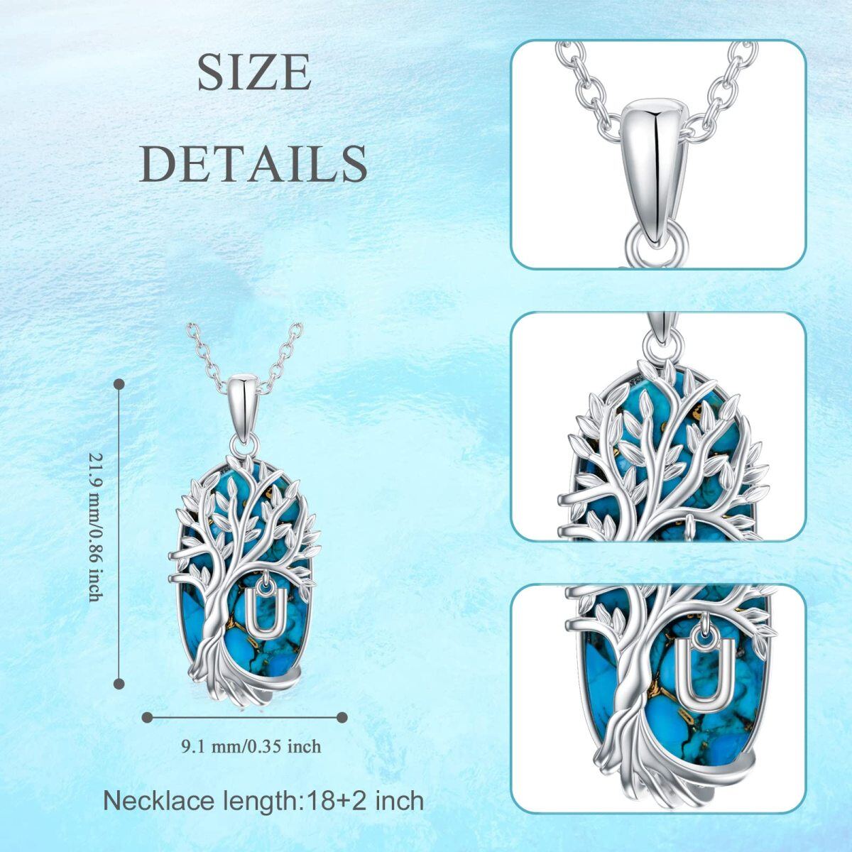 Sterling Silver Oval Shaped Turquoise Tree Of Life Pendant Necklace with Initial Letter U-5