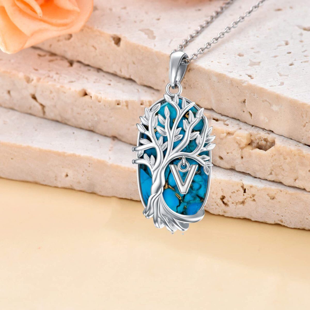 Sterling Silver Oval Shaped Turquoise Tree Of Life Pendant Necklace with Initial Letter V-3