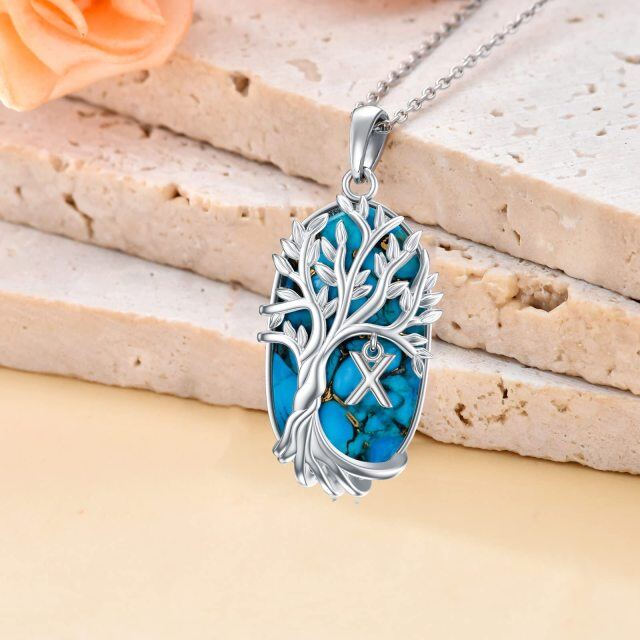 Sterling Silver Oval Shaped Turquoise Tree Of Life Pendant Necklace with Initial Letter X-3