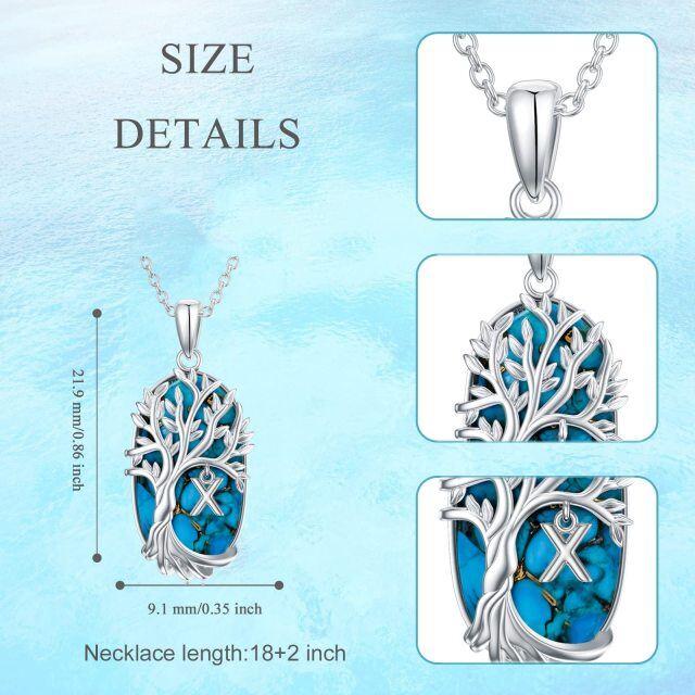 Sterling Silver Oval Shaped Turquoise Tree Of Life Pendant Necklace with Initial Letter X-5