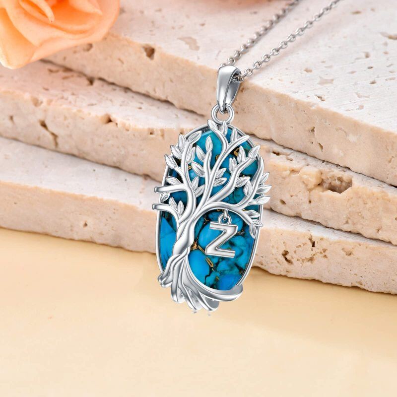 Sterling Silver Oval Shaped Turquoise Tree Of Life Pendant Necklace with Initial Letter Z-3