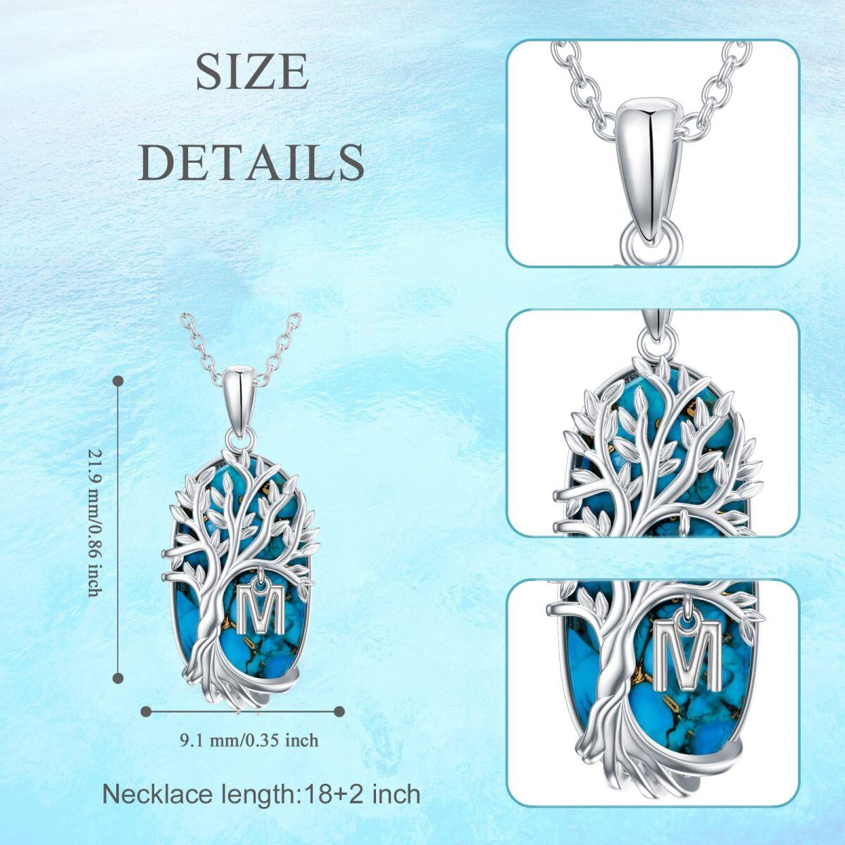 Collier en argent sterling avec pendentif Turquoise ovale en forme d'arbre de vie et lettr-2