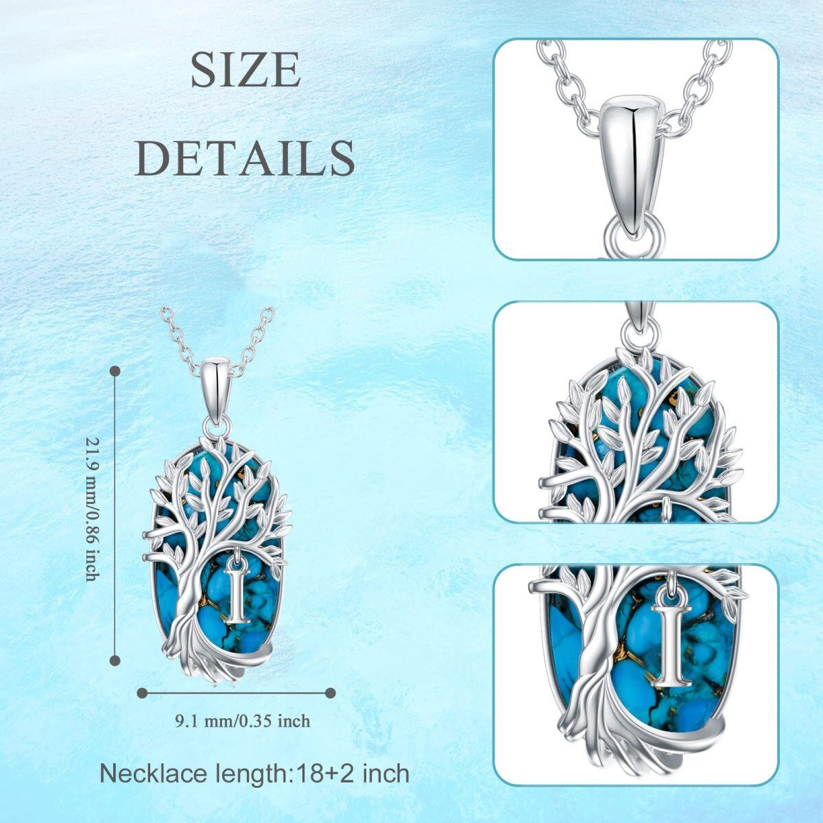 Sterling Silver Oval Shaped Turquoise Tree Of Life Pendant Necklace with Initial Letter I-5