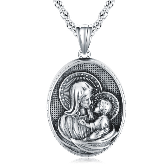 Sterling Silver Oval Shaped Virgin Mary Pendant Necklace for Men