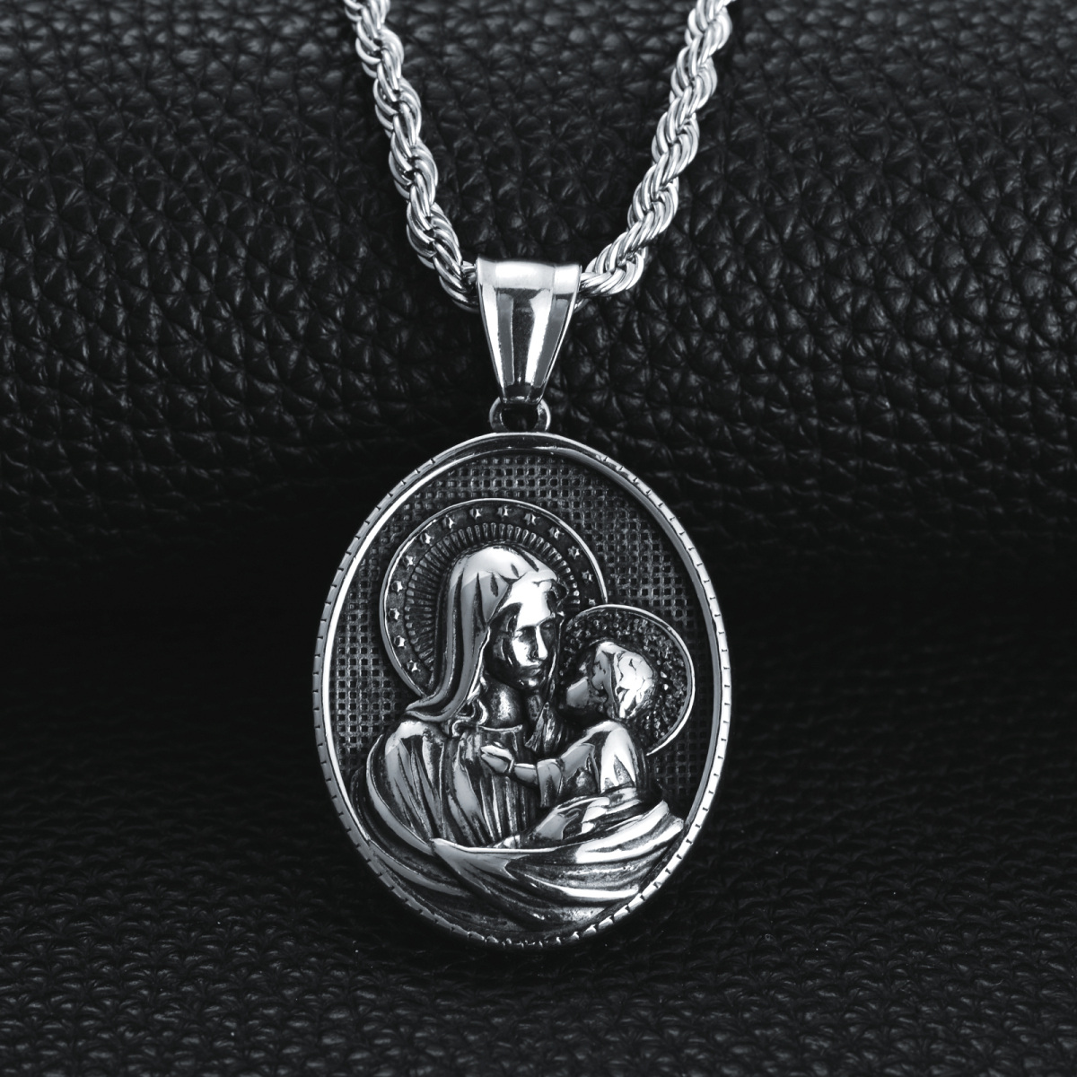 Collar con colgante de la Virgen María en forma ovalada de plata de ley para hombre-4