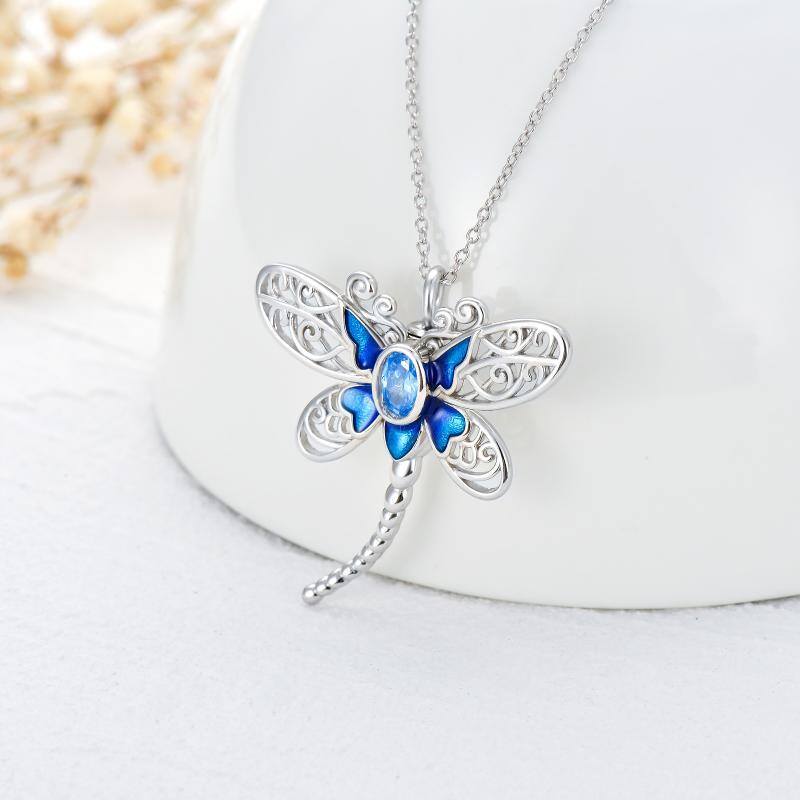 Collar con colgante de libélula de circonita ovalada de plata de ley-3